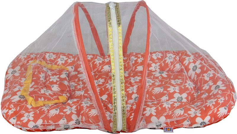 HOMELORE Cotton Kids Washable BABY BEDDING AND THREE PILLOWS WITH PROTECTED NYLON MOSQUITO NET (ORANGE) Mosquito Net  (Orange, Frame Hung)