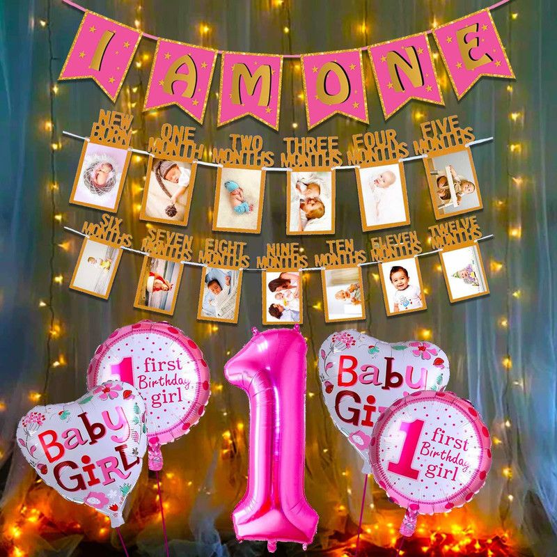 Party Propz 1st Birthday Decorations Kit For Baby Girl with LED Light Set - First Birthday Decoration Items For Girls with I Am One Banner, 1-12 Month Milestone Banner, Number 1 Foil Balloon and Round Foil Balloons Combo - 8Pcs  (Set of 8)