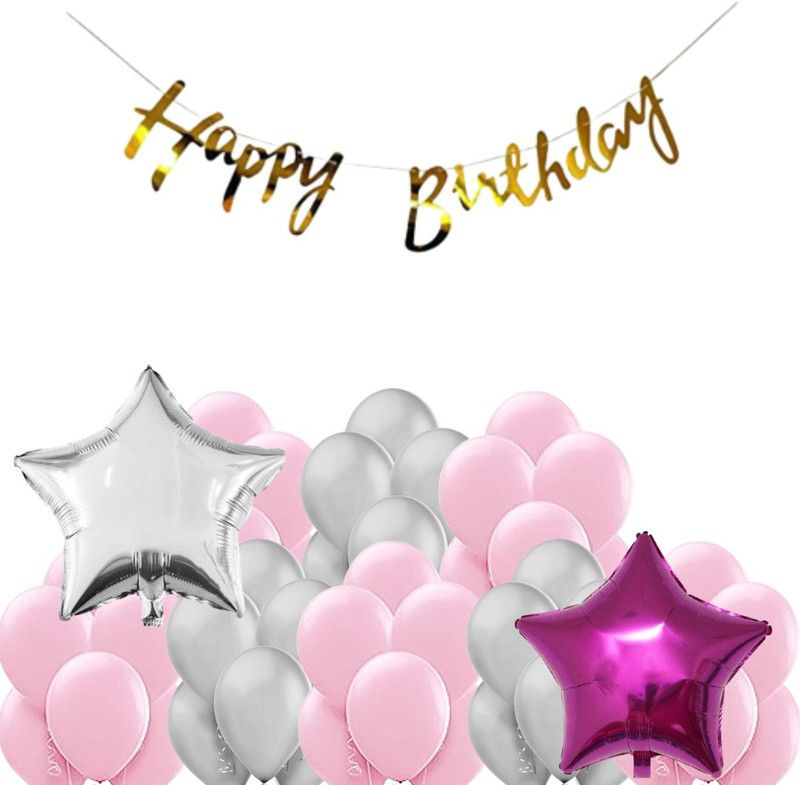 B4 Birthday Combo Gold Bunting + 30 Silver+Baby Pink Balloon +2 Pink,Silver Star  (Set of 33)