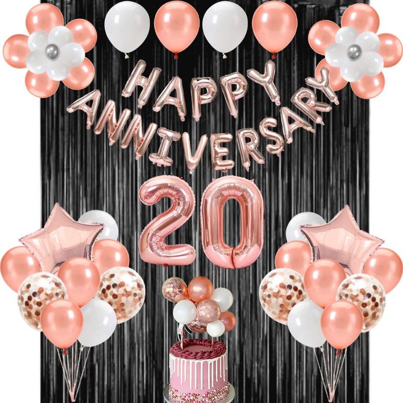 FLICK IN Happy 20th Anniversary Rose Gold Decoration Fringe Curtain Balloon Cake Topper  (Set of 54)
