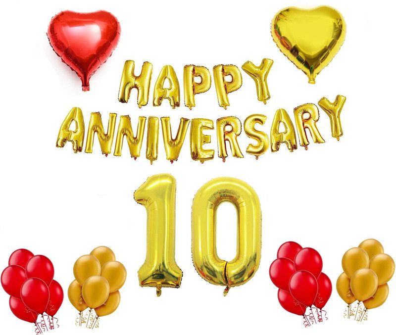 MoohH Happy Anniversary Letter Gold Foil Balloon, Heart Foil Balloon 10th Anniversary Decoration Red & Gold Metallic Balloon combo  (Set of 70)