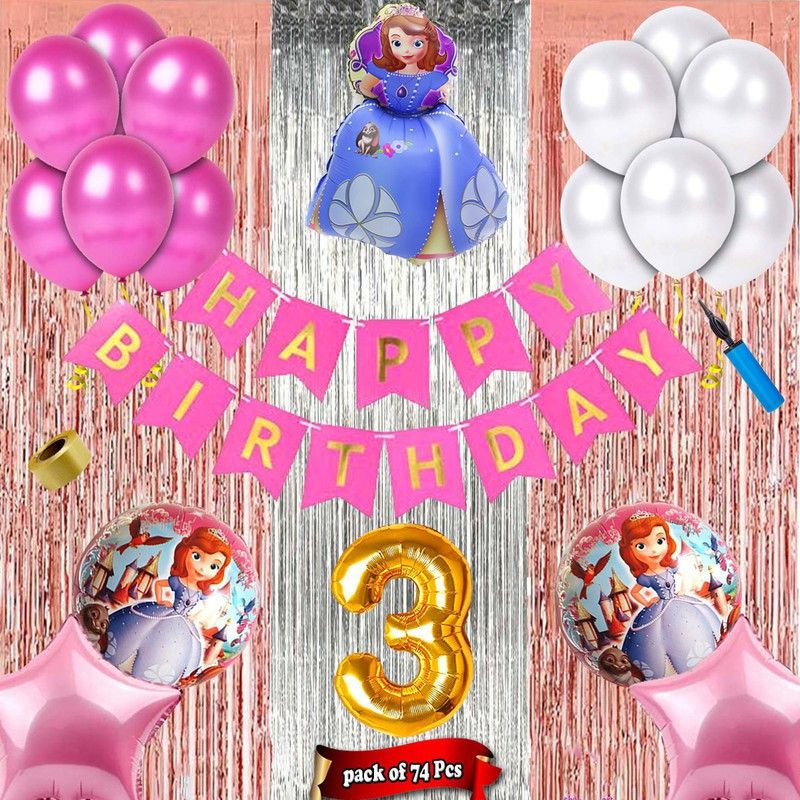 Happy Decoration Third/3rd Happy Birthday Sofia Theme Combo for Kids Party Decoration  (Set of 74)