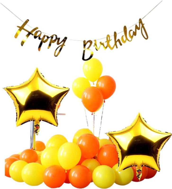 B4 Birthday Combo Gold Bunting + 30 Yellow+Orange Balloon +2 Gold Star  (Set of 33)