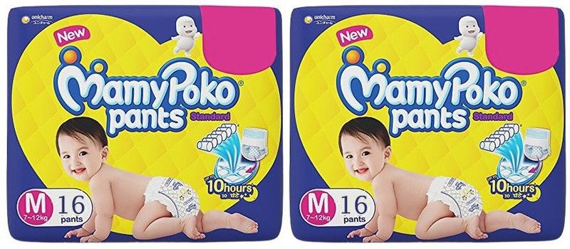 MAMY POKO PANTS Standard Baby Diapers, Medium Size - 16+16 count - M (32 Pieces) - M  (32 Pieces)