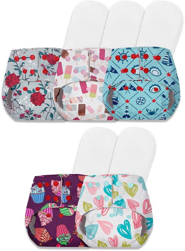 Basic Pack of 5 Diapers with 5 Dry feel Inserts | Freesize Pocket cloth diapers | Reusable cloth diapers for babies - Fits babies from 0-3 years - 5-17kgs | Option 4