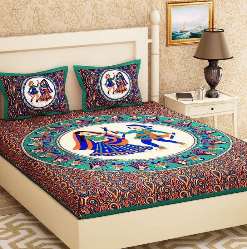 Anupama 140 TC Cotton Double Jaipuri Prints Flat Bedsheet  (Pack of 2, Multicolor)