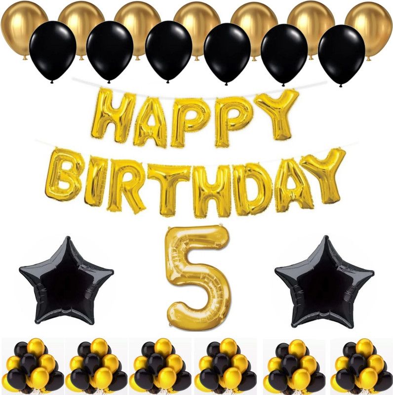 Alaina Happy Birthday Decoration Kit 54 Pcs Combo Pack - 1 Set Happy Birthday Foil Letters (13 Letters Golden Color) + 50 Pcs Metallic Balloons + 2 Pcs Black Foil Stars + 5 Number Foil in Golden Color  (Set of 54)