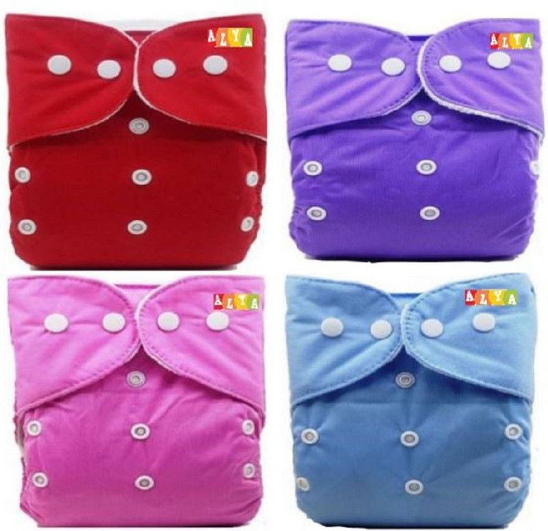 Alya Pack of 4 Pocket Button Style Solid Reusable Cloth Diaper Nappies (Without Inserts) Washable Premium Quality Quick-Dry Adjustable All-In-One Diapers For New Borns/Toddlers/Infants/New Borns(0-24 Months, 3-16KGS) - S - M  (4 Pieces)