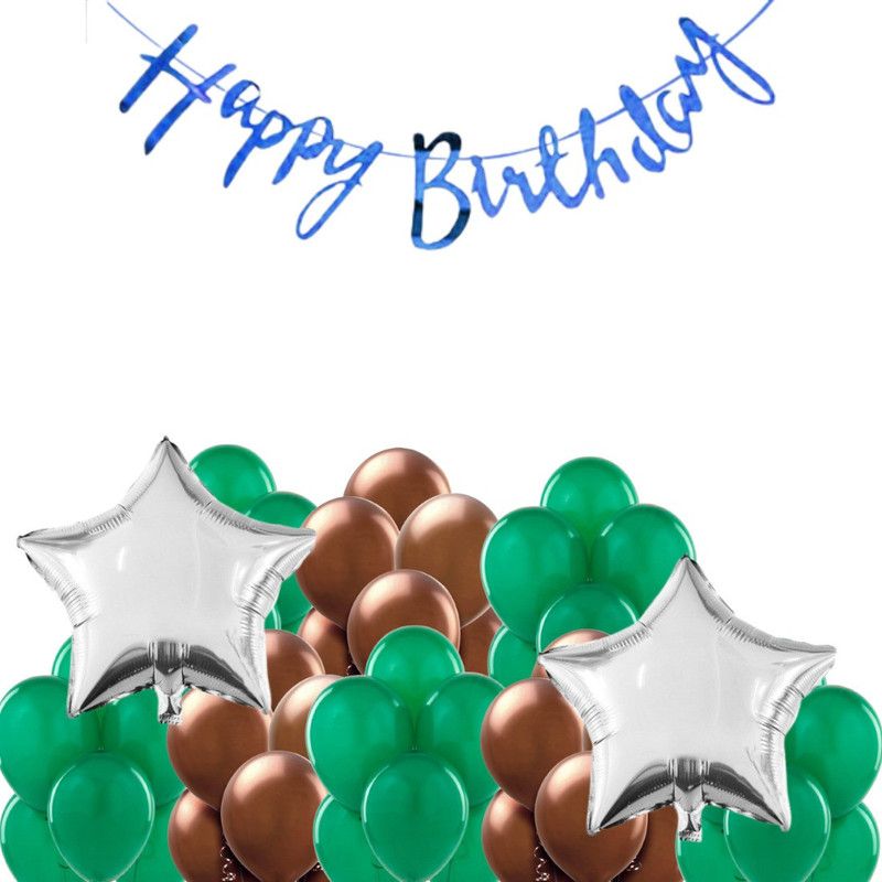 B4 Birthday Combo Blue Bunting + 30 Green+Brown Balloon +2 Silver Star  (Set of 33)