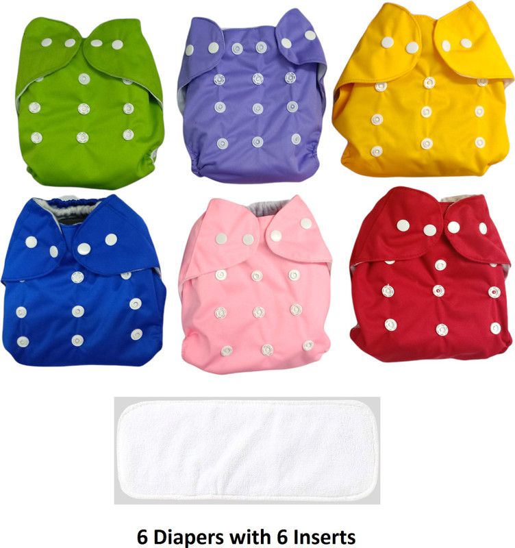 RAREGEAR 100% Cloth Reusable Baby Diaper with White Inserts(G+P+Y+B+PI+R)(Pack of 6)