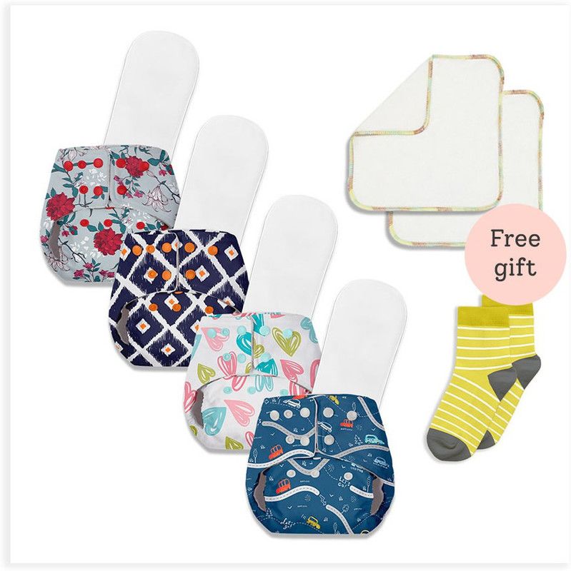 Basic Pack of 4 Reusable Freesize Cloth diapers with 4 dry feel inserts + 2 Reusable Wipes + Socks for babies | Option 2