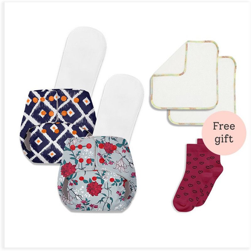 Basic Pack of 2 Reusable Freesize Cloth diapers with 2 dry feel inserts + 2 Reusable Wipes + Socks for babies | Option 8