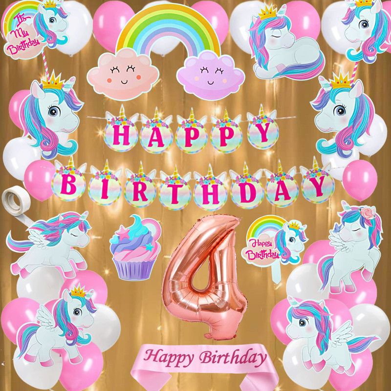 FLICK IN 4th Birthday Unicorn Theme Decoration Set Props Birthday Pink Sash Led Light Kit  (Set of 50)