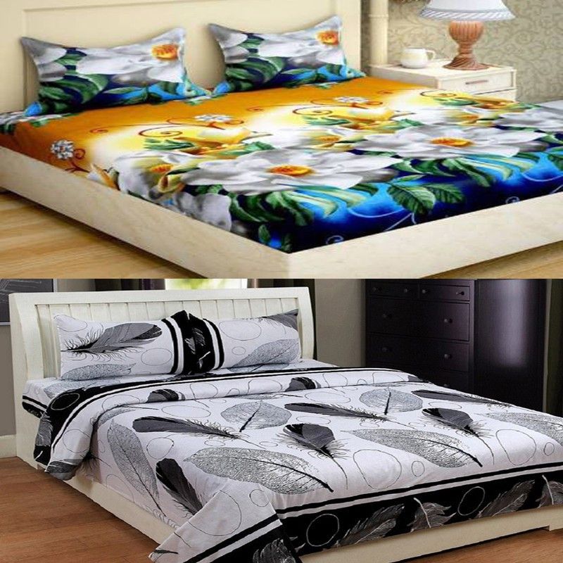 CRAFTWELL 144 TC Microfiber Double 3D Printed Flat Bedsheet  (Pack of 2, Multicolor)