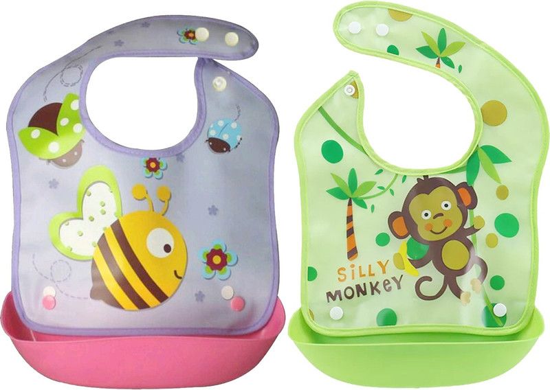 My New Born by 10Club Waterproof, 100% food grade silicone material, food crumb holder,safe and adjustible, premium, easy to clean high quality bibs-Purple and Green  (Purple, Gren)