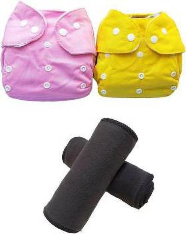 CHARMING STARS Adjustable Size Reusable Baby Pocket Cloth Diapers With Charcoal Color Inserts Combo Pack (2 Multicolor Diaper + 2 Insert)