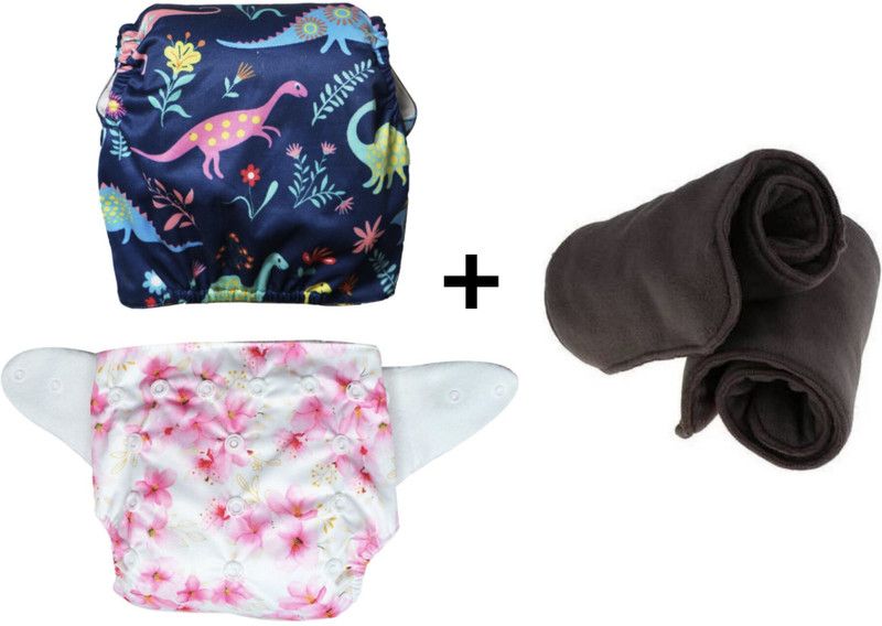 w4o Baby pocket cloth printed diapers adjustable, washable pack of 2 with 2 inserts