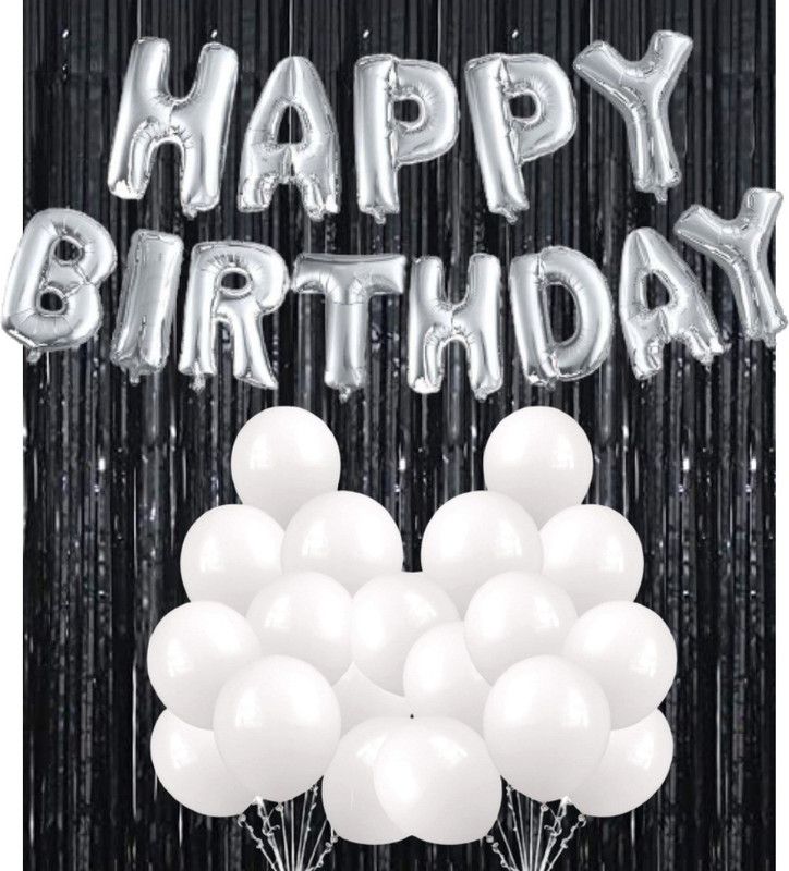 B4 13 Letter Silver Happy Birthday Foil Balloon 1 Black Shiny Curtain 20 White Balloon DIY Birthday Decoration 35Pc  (Set of 35)