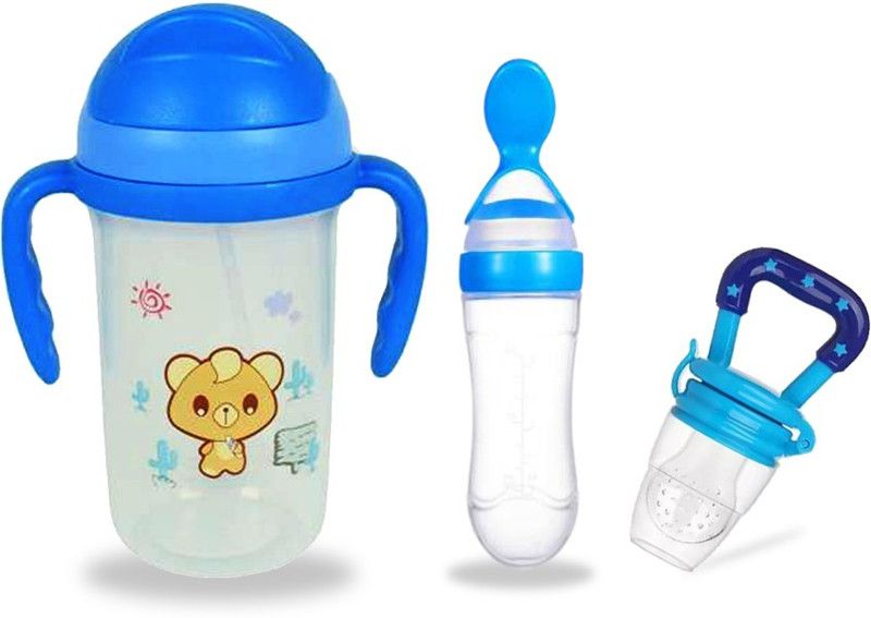 Chinmay Kids Soft Straw Feeding Sipper Anti Spill for Kids With Fruit Feeder And Soother - Made of Food-Grade Material, 100% free of BPA  (Blue)