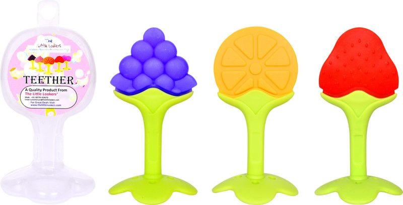 The Little Lookers ™ BPA Free Fruit Shaped Silicone Teether/Nibbler/Feeder/Teether for Babies (Saver Pack of 3) Teether  (Orange, Purple, Red)