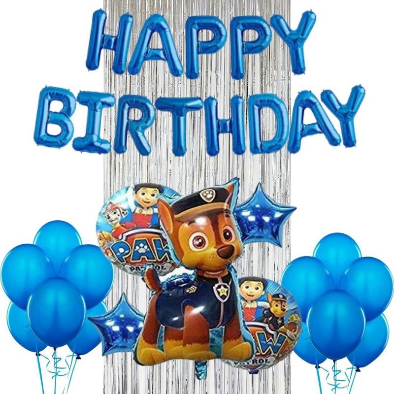Wonder Paw Patrol Chase Birthday Decoration 49 Pc Kit for Kids, Blue HBD Foil Balloon, 30 Blue Balloon, Silver Curtain  (Set of 49)