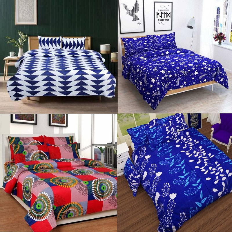 CRAFTWELL 144 TC Microfiber Double Floral Flat Bedsheet  (Pack of 4, Blue)