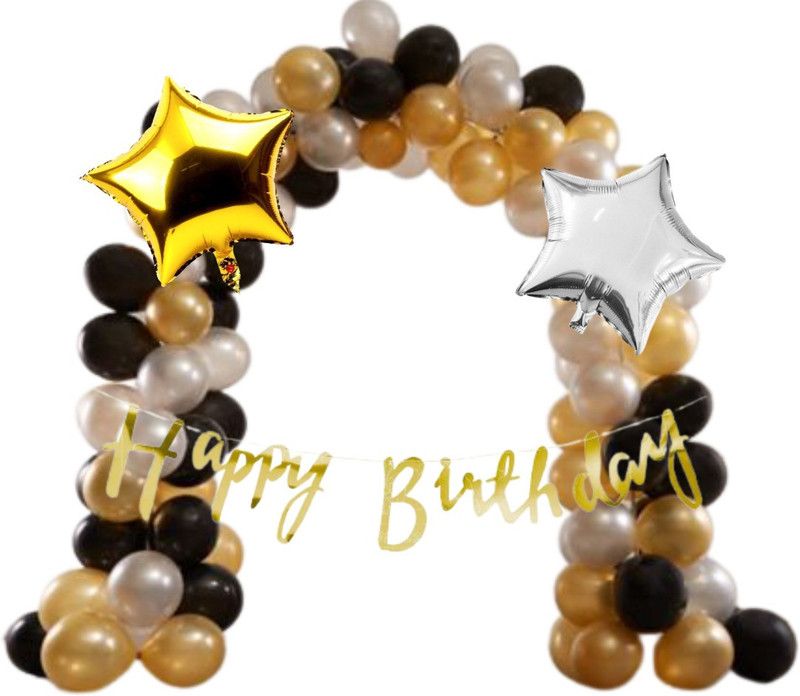 B4 Birthday Combo Gold Bunting + 30 Silver+Black+Gold Balloon +2 Gold, Silver Star  (Set of 33)