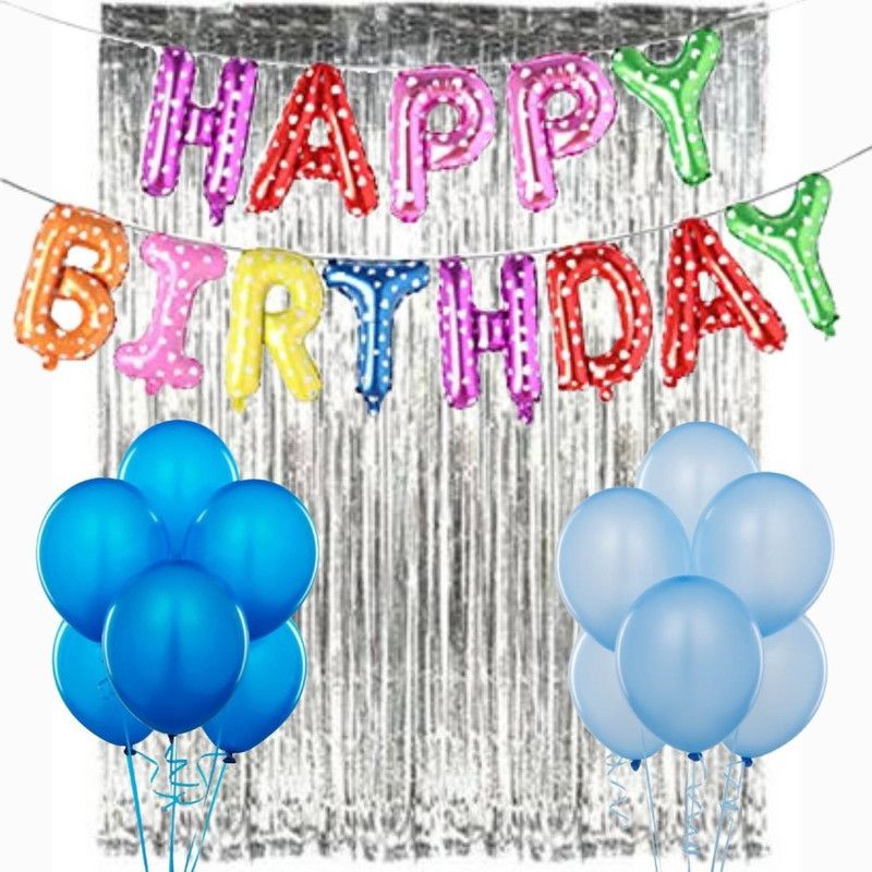 B4 Kids Birthday Decoration 13 Letter Multicolor Printed Foil Balloon, 30 Blue Light Blue Party Balloon 1 Silver Curtain  (Set of 45)