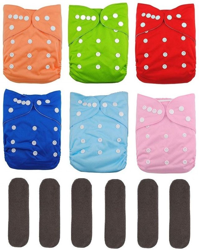 Aadya Baby Washable Reusable & Adjustable Pocket 6 Cloth Diaper & 6 Black Insert