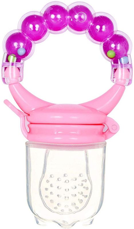 HUF & NUF TEETHER RATTLE HANDLE BPA FREE SILICONE FOOD NIBBLER FOR FOOD AND VEGETABLES Soother  (RATTLE PINK)