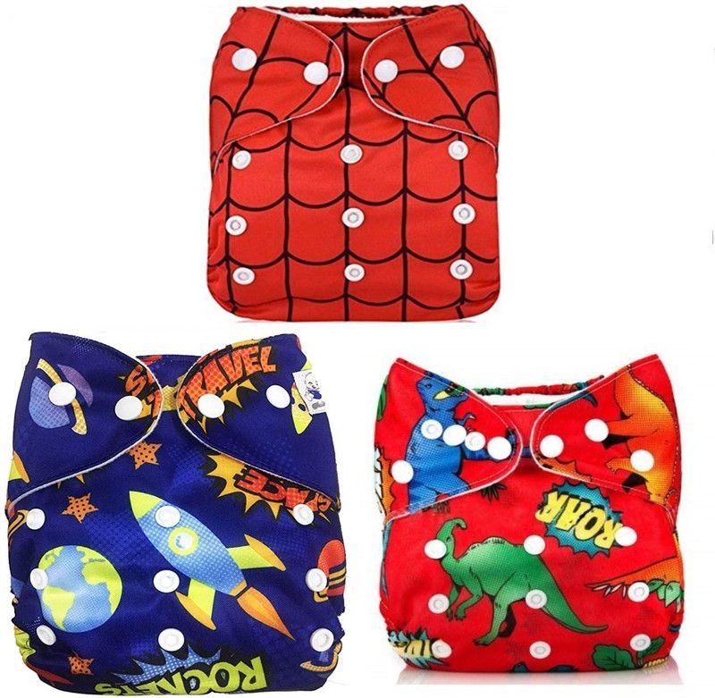 Kidsify Washable Baby Cloth Diaper Reusable, Adjustable Size, Waterproof, Pocket Cloth Diaper Nappie, Printed Button Diaper for Babies/Infants/Toddlers (Set of 3)