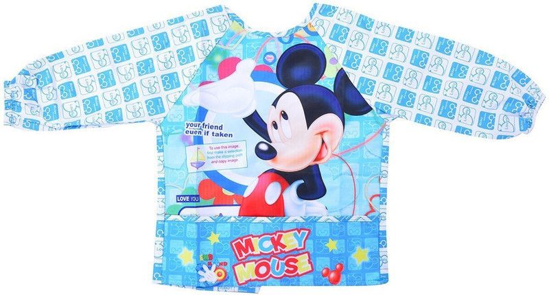 Baby Bucket Mickey Mouse Print Long Sleeves Waterproof Apron Bib Eating Painting  (Blue)