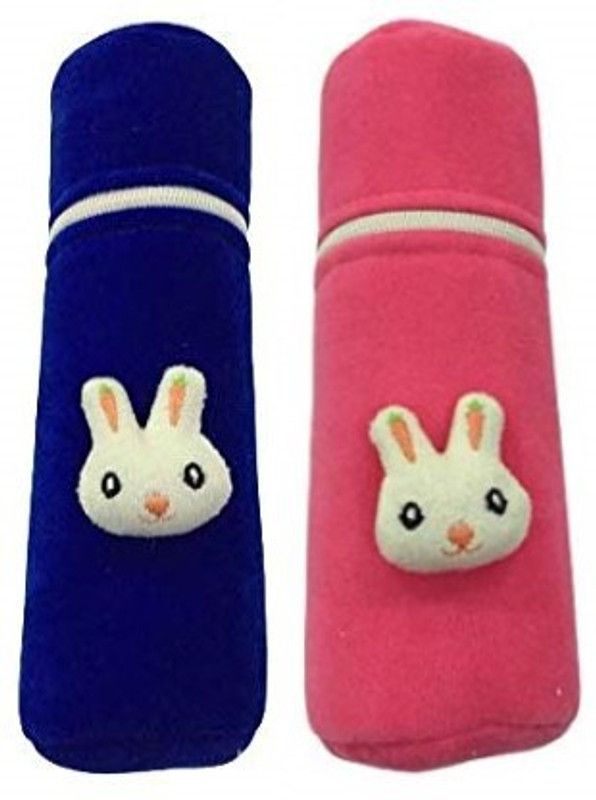 Kidsify New Born Baby Soft Velvet Milk Feeding Bottle Zip Cover with Attractive Cartoon on The Front Suitable for 240ml (Pack of 2)  (Blue,Pink)