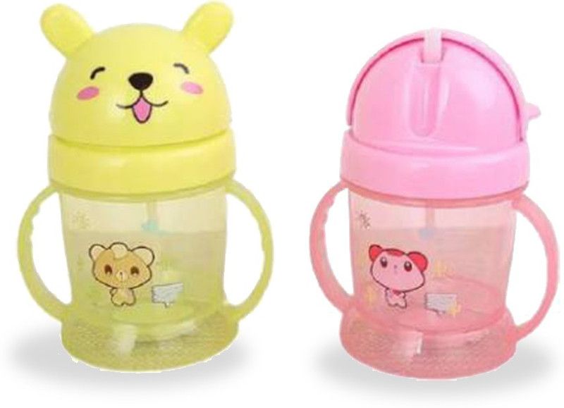 Miss & Chief Bear Opaque Straw Feeding Sipper Twin Handle Anti Spill- Water Juice Set of 2  (Yellow, Pink)