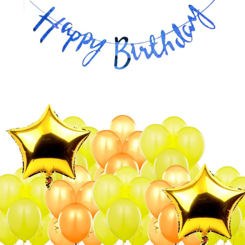 B4 Birthday Combo Blue Bunting + 30 Yellow+Gold Balloon +2 Gold Star  (Set of 33)