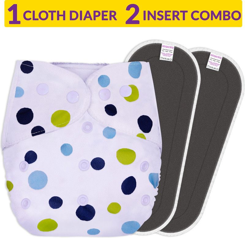 Bembika Printed Cloth Diapers for Babies, Washable Reusable, Adjustable Sizes (2 Bamboo Charcoal Inserts Included) (Green Polka)