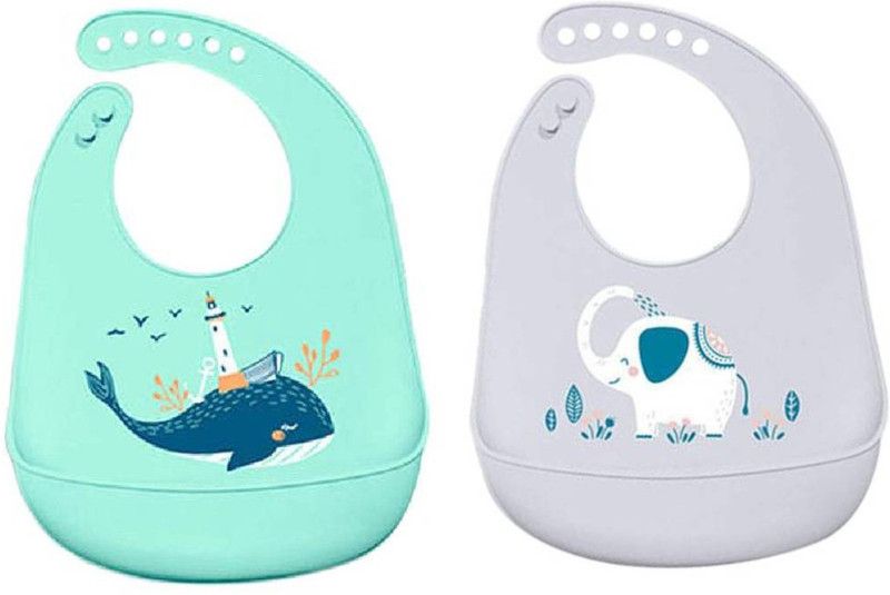 Thread Fairy Co Waterproof Silicone Baby /Toddler/ Feeding Bibs with Pocket (6 months -3 years)  (Blue & Grey)