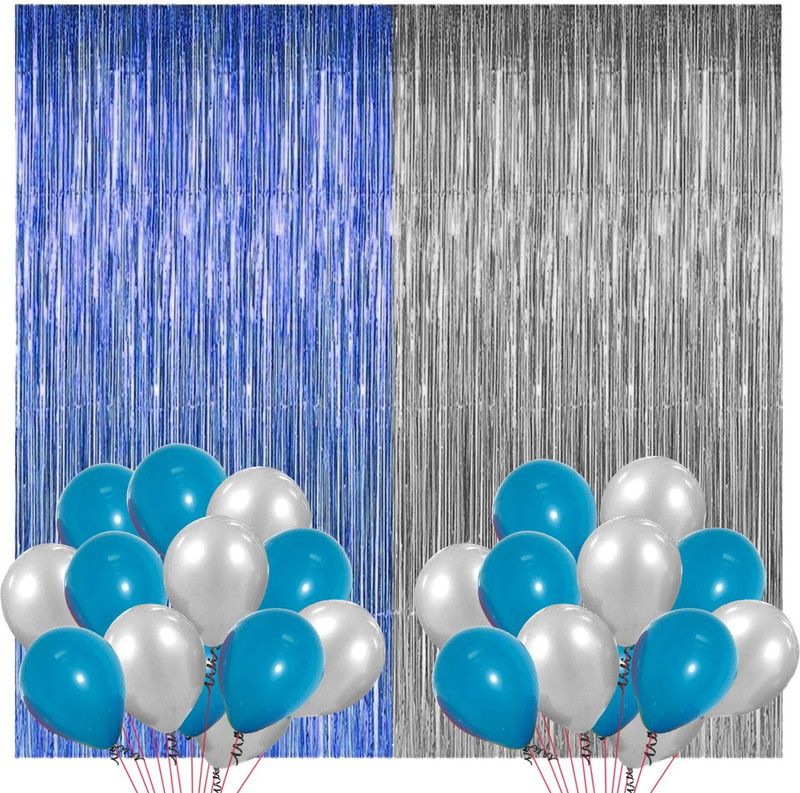 Party Propz Blue FOIL Curtain and Silver FOIL Curtain with 25 PICS Latex Balloon Combo / Happy Birthday Decoration / Birthday Party Supplies  (Set of 27)