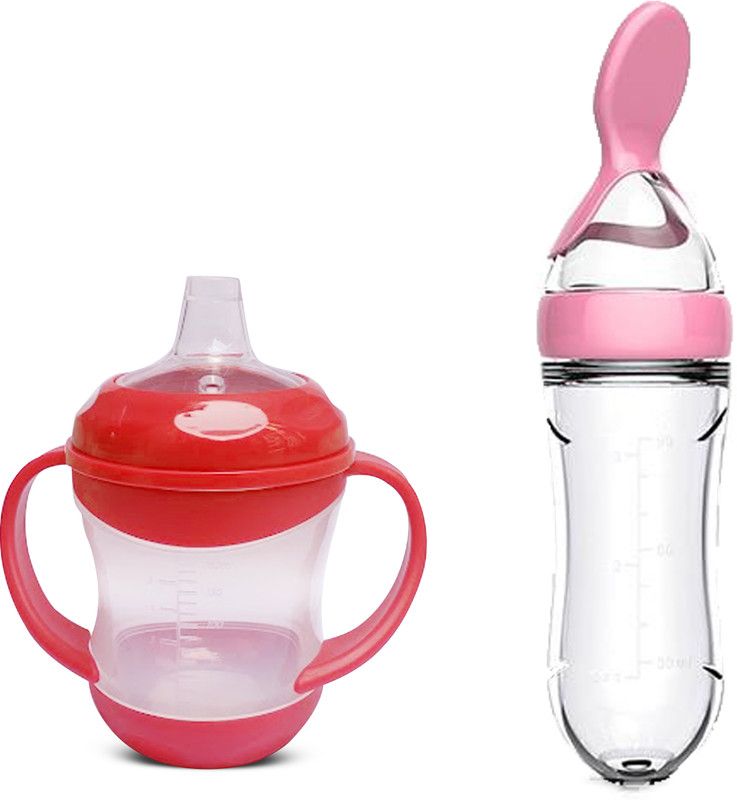 Mojo Galerie Feeding Combo Pack Red Duck Mouth Sipper 160ml & Pink Spoon Feeder for Babies  (Red ,pink)