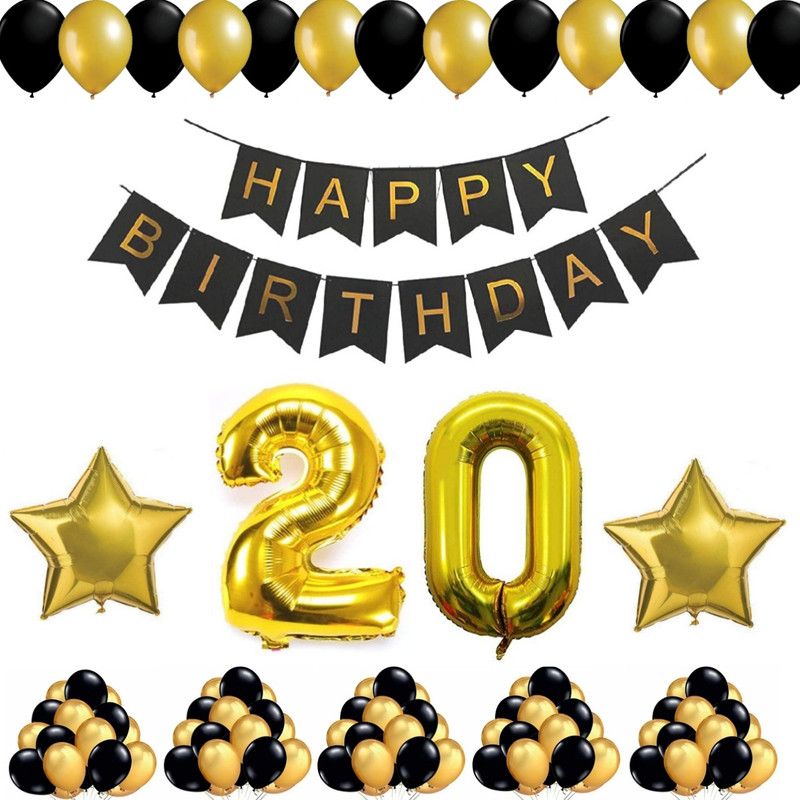 Alaina Happy Birthday Decoration Kit 55 Pcs Combo Pack - 1 Set of Happy Birthday Banner + 50 Pcs Metallic Balloons + 2 Pcs Golden Foil Stars + 20 Number Foil in Golden Color  (Set of 55)