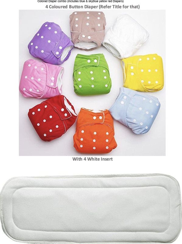 kistapo 100% Cloth Diapers for Babies (3Months - 3 Years), Reusable, Washable with Adjustable Snap Buttons with White Insert | Colors of Diapers blue skyblue yellow red - New Born  (8 Pieces)