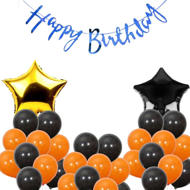 B4 Birthday Combo Blue Bunting + 30 Met Black+Met Orange Balloon +2 Black,Gold Star  (Set of 33)
