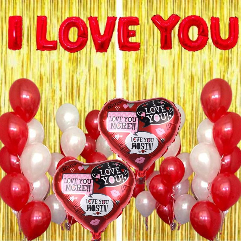 B4 16in ILOVEYOU 30 Red White Balloon 2 ILY More Most Heart + 2 Gold Curtain  (Set of 35)