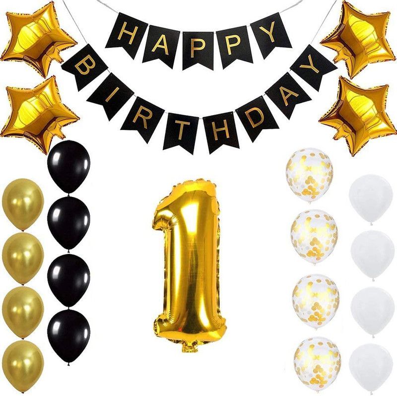 PopTheParty Gold 1st Birthday Decoration Kit With Banner ,Star Latex and confetti Balloon  (Set of 22)