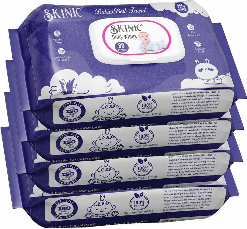 skinic Herbal Baby Wipes | Alcohol Free | Chemical Free (80 Pulls) PACK OF 4  (4 Wipes)