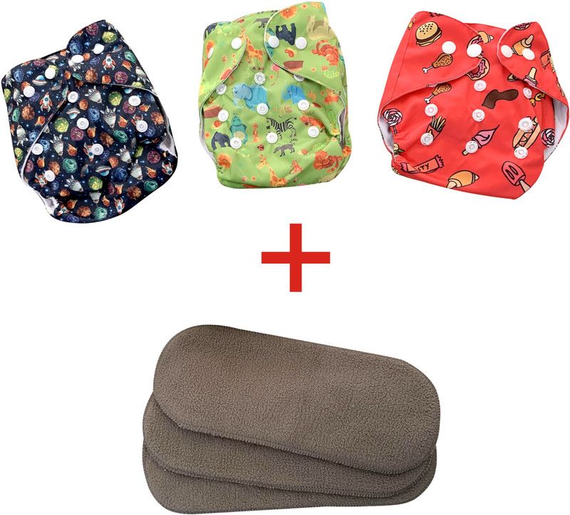 Bansal Reusable Washable Adjustable Button Diaper for Newborn Babies/Free Size Reusable Cloth Diaper for Babies ( PACK OF 3 DIAPER AND 3 INSERTS )