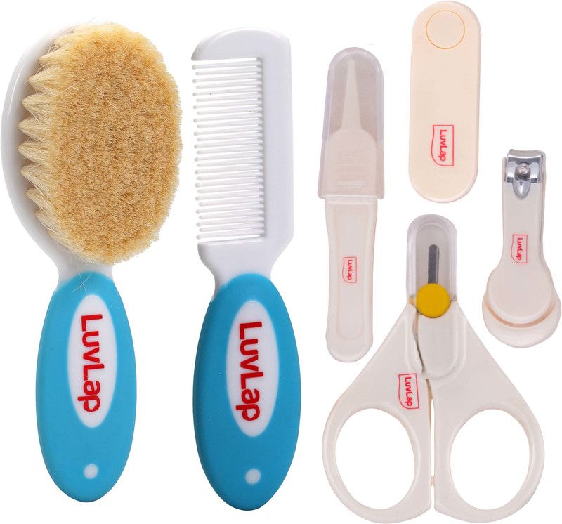 LuvLap Baby Nail Grooming 4pcs Set, Hair Grooming Natural Soft Brush & Comb Set