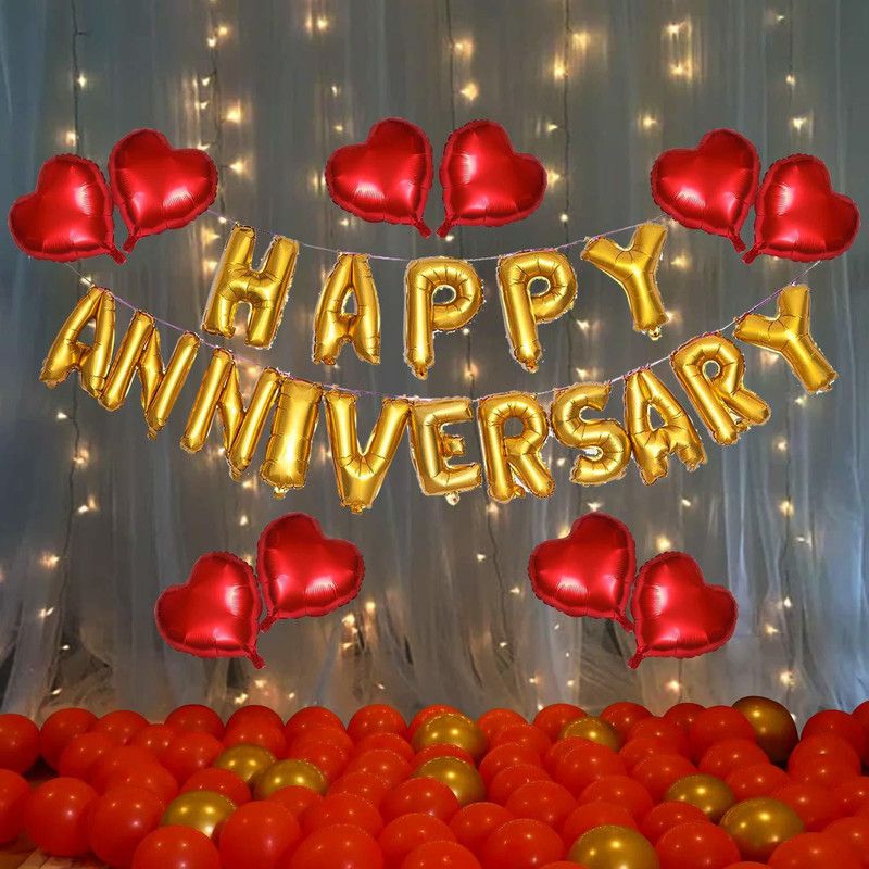 Miss & Chief by Flipkart Red And Golden Happy Anniversary Decorations for Home Kit - 74Pcs Foil Balloon Banner, Metallic Balloons 1set LED Lights Combo for 25th 50th 1st, Wedding Party Decoration,Mom DAD  (Set of 73)