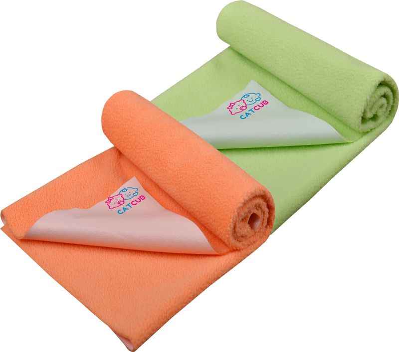 CATCUB Fleece Baby Bed Protecting Mat  (Green, Orange, Medium, Pack of 2)