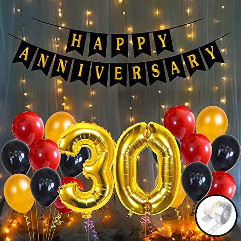 Party Propz 30th Happy Anniversary Decoration Items with LED Light Banner, Balloons, Arch, Glue Dot 56Pcs Set for 30th Party Room Decoration Combo Set/Couple Wedding, Marriage Celebration  (Set of 56)